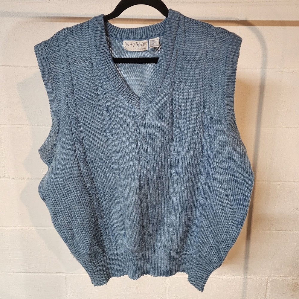 Mens 70's Vintage Troy Hill Sweater Vest XL Blue Cable Knit Sleeveless‎ Pullover